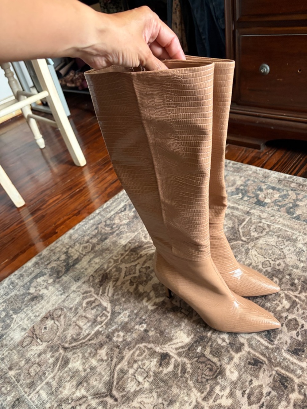 Nine West Camel Tan Croc-Embossed Pointed Toe Knee Boots